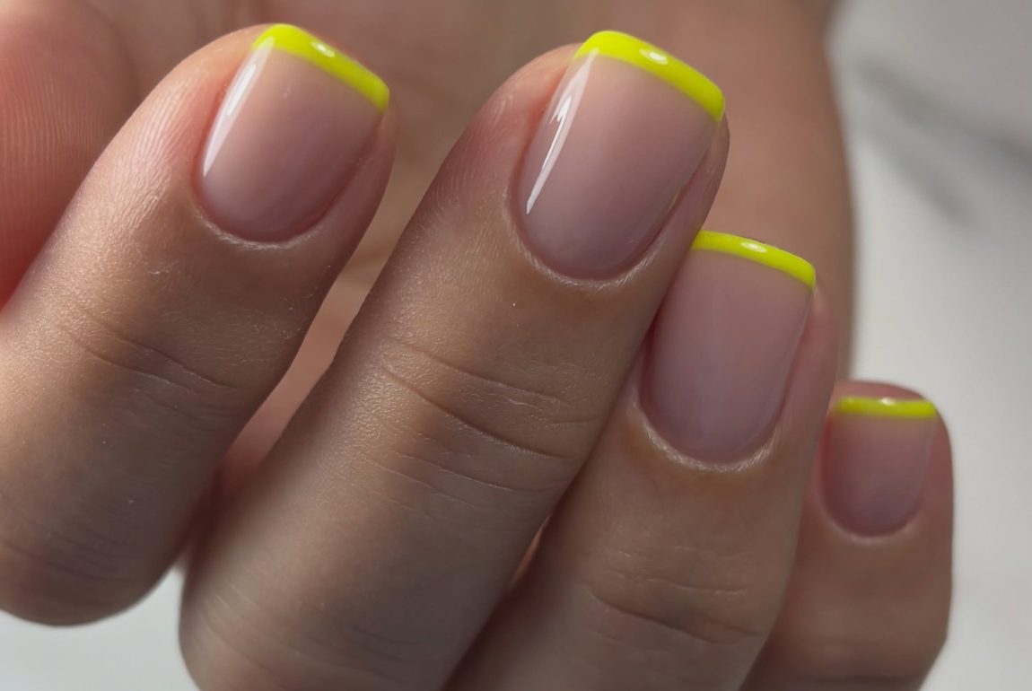 Neon sarı mikro French manikür, kısa tırnak - Nail Islands Kuşadası